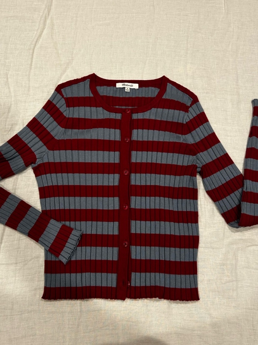 Striped Rib-Knit Button Cardigan - Red & Gray - Picture 2 of 3